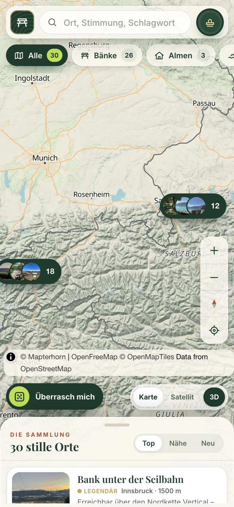 Bench Buddy: Karte mit Foto-Gruppen über Innsbruck und Salzburg, Filter für Bänke, Almen und Badeplätze
