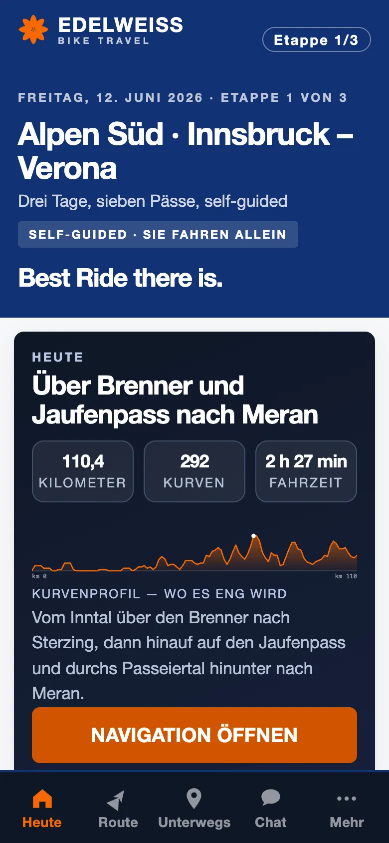 Edelweiss Navigator auf dem iPhone: Etappe Innsbruck–Verona mit Kurvenprofil