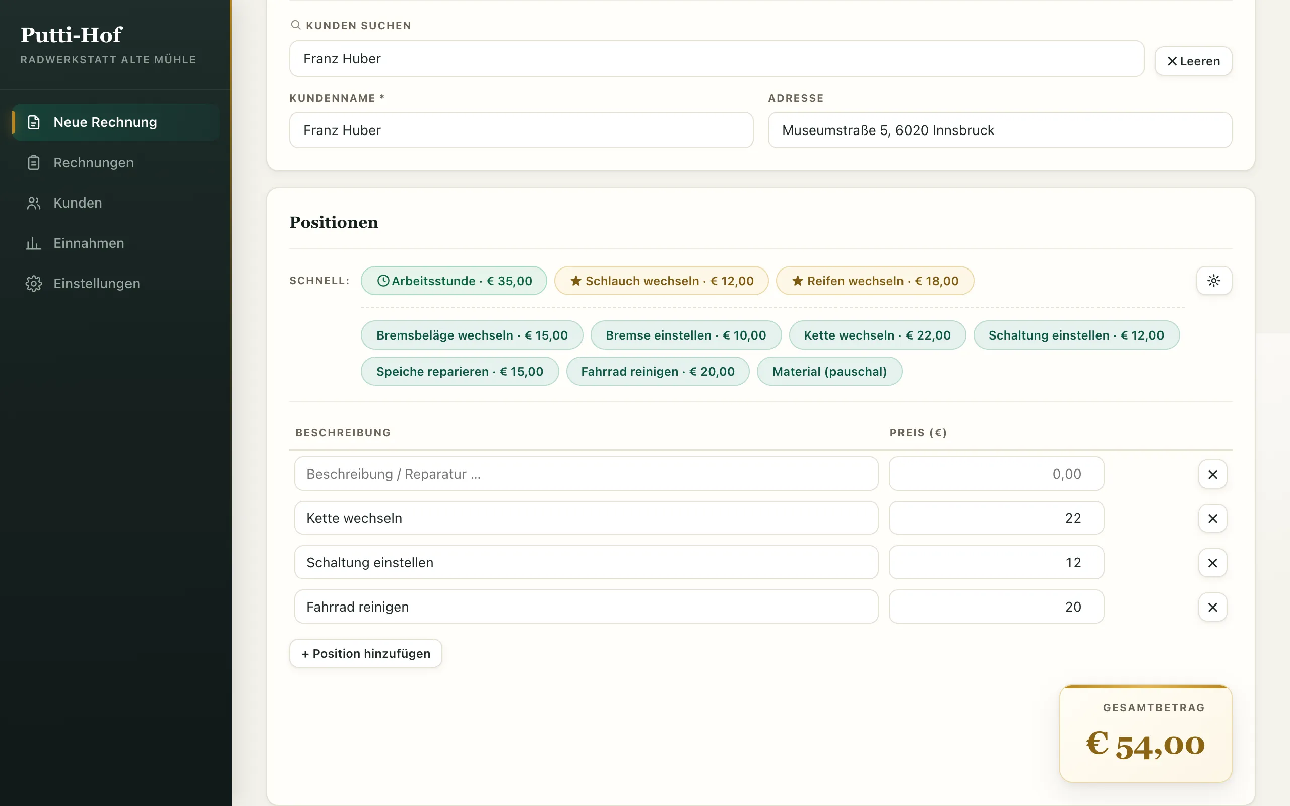 Rechnungs-App mit Demo-Daten: Kunde „Franz Huber“, Schnellwahl-Knöpfe für Reparaturen, drei Positionen und Gesamtbetrag 54 €
