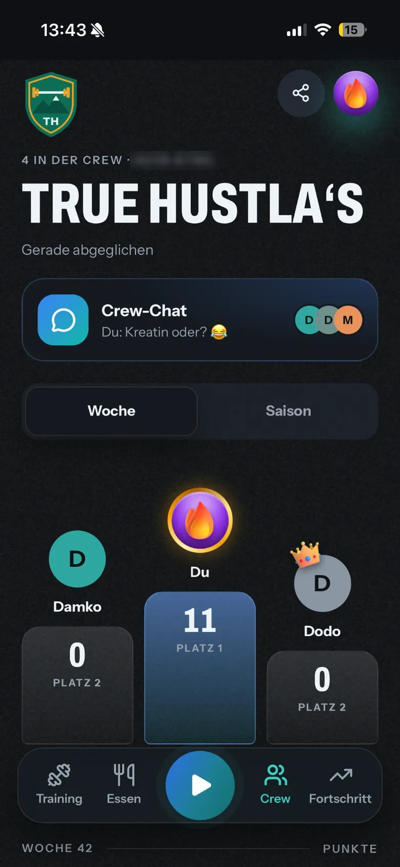 Steady Fit: echte Crew „True Hustla’s“ mit Crew-Chat, Wochen-Rangliste und Krone für den König der Woche — der Crew-Code ist unkenntlich gemacht
