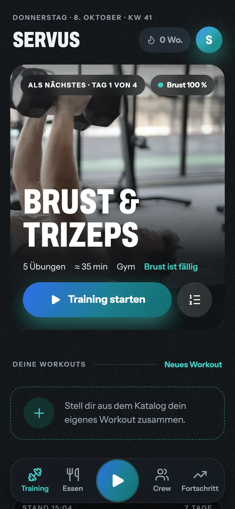 Steady Fit auf dem iPhone: Startseite mit dem nächsten Training „Brust & Trizeps“
